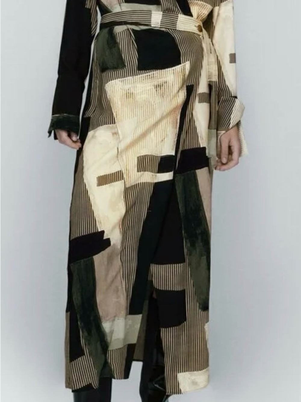 Massimo Dutti Abstract Patchwork Maxi Skirt in Black, Cream & Olive